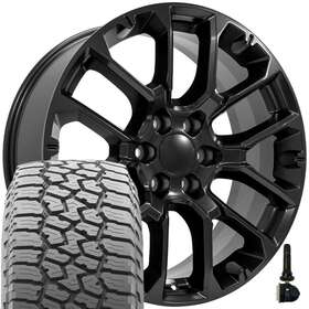 9510990 Oe Wheels 22 Inch Black Srv Rpo Rims Flaken A/t Tires And Tpms Fit Tahoe Suburban Silverado