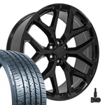 26 Inch 5904 Black Wheels 295/30 Tires Tpms Fit Sierra Yukon Snowflake Rims. Fixed Price $2490.00.