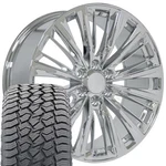 Oe Wheels CA93 22X9 Chrome Rims & 285/45R22 AT2 Tires Set 6X139.7 +28ET. Fixed Price $2212.00.