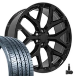 26 Inch 5904 Black Rims 295/30 Tires Tpms Fit Silverado Tahoe Snowflake Wheels. Fixed Price $2490.00.